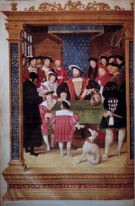 Antoine Macault läser sin översättning för kung Francois I (1494-1547) och för hans hov Kungen är omgiven av sina söner Francois, Henri (blivande Henrik II) och Karl. Till vänster representationer (från vänster till höger): Claude d