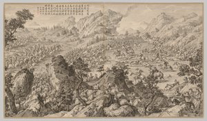 Battle at Aerchuer: från Battle Scenes of the Quelling of Rebellions..., ca. 1765-1774, dikt daterad 17