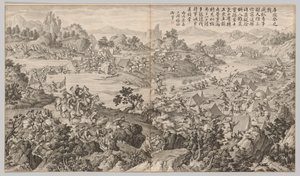 Slaget vid Kulongkui: från Battle Scenes of the Quelling of Rebellions, ca. 1765-1774.