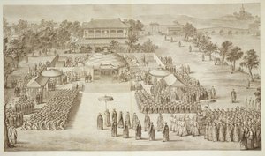 Kejsar Qianlong tar emot hyllningar från de erövrade Eleutherna (tartariska kalmucker), platta 2 från en serie tryck som föreställer kejsaren av Kinas erövringar, graverad av Jacques Philippe Le av Jean Denis Attiret