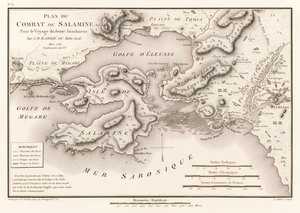 Plan för slaget vid Salamis Pour le Voyage du Jeune Anacharsis (Plan för slaget vid Salamis 480 f.Kr.) av Jean Denis Barbie du Bocage (1760-1825) från Voyage du Jeune Anacharsis en Grece (Travels of Ana av Jean Denis Barbie du Bocage