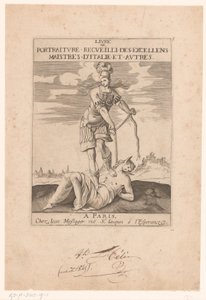 Minerva binder dumhet med ett rep Titelsida för: s.n., Livre de portraiture receuilli des excellens maistres d