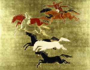 Erövring av hästen; La Conquete du Cheval, ca 1934 (en lackad och förgylld panel)
