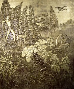 Jakten; La Chasse, ca. 1934 (förgyllt och lackat trä) av Jean Dunand