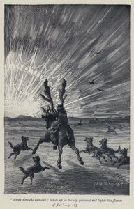 "Bort flög renarna, medan uppe på himlen darrade röda ljus som eldslågor" (gravyr)