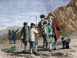 Florin Perier mäter höjdbarometern (kvicksilverrör) för Evangelista Torricelli eller Toricelli under experimentet på tyngdkraften i luften från Blaise Pascal, på toppen av Puy de Dome (1648). Gravyr av Yan Dargent.