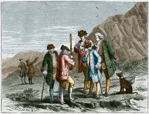 Florin Perier mäter höjden på barometern (kvicksilverröret) av Evangelista Torricelli eller Toricelli under experimentet på tyngdkraften i luften från Blaise Pascal, på toppen av Puy de Dome (1648). Gravyr av Yan Dargent.