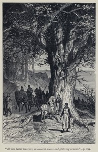 "Han såg fientliga krigare, i färgade klänningar och glittrande rustningar" (gravyr) av Jean Edouard Dargent