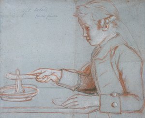 Jean Etienne Liotard, konstnärens son vid frukost, ca 1770 (röd, svart och vit krita på blått papper) av Jean Étienne Liotard