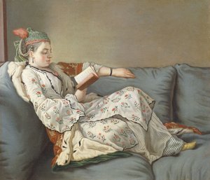 La Sultane Lisant", En dam i turkisk kostym som läser på en divan, av Jean Étienne Liotard