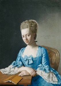 Porträtt av nåd, grevinnan av Clanbrassil, nee Foley, halvlängd, i en blå klänning, sittande vid ett bord, hennes händer i kors, 1774 av Jean Étienne Liotard