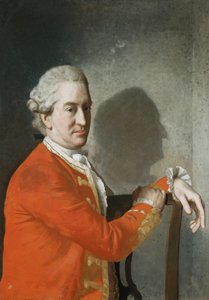 Porträtt av James Hamilton, 2nd Earl of Clanbrassil, halvlängd, i en röd rock, sittande i en mahognystol, hans profil gjuten i skuggor på väggen bakom, 1774 av Jean Étienne Liotard