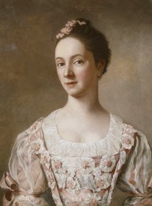 Porträtt av en dam, halvlångt, i en rosa och vit klänning, av Jean Étienne Liotard