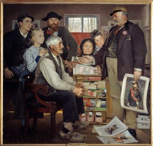 Bakers propagandascen. En bagare försöker övertyga en gammal bonde att gå med på festen. Målning av Eugene Buland (1852-1927)