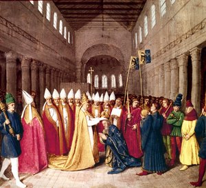 Kröning av kejsar Karl den Store den 25 december 800 i Rom av påven Leo III, belysning från "Les Grandes Chroniques de France" av Jean Fouquet, ca. 1455-1460