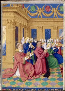 Étienne Chevalier och hans skyddshelgon Saint Étienne, miniatyr från Étienne Chevaliers timmar av Jean Fouquet