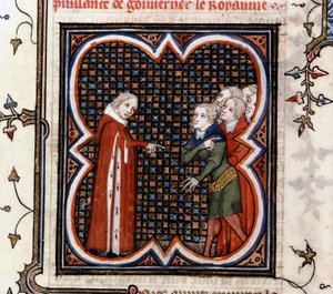 Etienne Marcel, en prevote bland köpmännen i Paris, som av Frankrikes kung Johan II den gode (1319-1364) uppmanades att respektera "Grande Ordonance" från 1357 och som förebråddes för sitt beteende, i "The Great Chronicles of France" av Jean Fouquet (1420- av Jean Fouquet