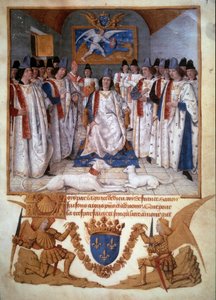 Innehas av ett kapitel av Saint Michel Order kring Ludvig XI (1423-1483) Miniatyr ur "Stadarna för Saint-Michel Order" av Jean Fouquet (1420-1481) 1470 Paris, B.N. av Jean Fouquet