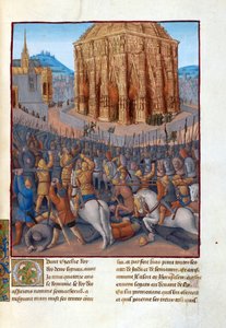 Le siege de Jerusalem par le roi de Babylone Nebuchadnessar II (604-562 före JC) - Belägring av Jerusalem av Nebukadnessar II. Illustration i Flavius ​​​​Josephus "Judarnas antikviteter" (Antiquitatum Judaicarum) av Fouquet, Jean (1420-1481). Gouache på pa av Jean Fouquet