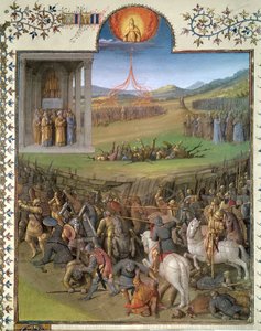 Fr 247 f.70 Hebréernas strid mot kanaanierna och tuktan av Korah och rebellerna, illustration från 