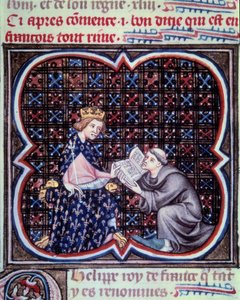 Primat presenterar texten i Frankrikes stora krönikor för Filip III (1245-1285). Miniatyr från manuskriptet av Jean Fouquet (1420 - 1481) "" Grandes Chronicles de France"". Paris. B N av Jean Fouquet