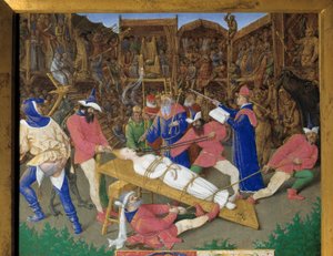 De heligas röster. Martyrium av Saint Apolline (eller Apollonia) Den kristna Saint Apolline av Alexandria torteras av Paians år 249 AD. Bödlarna drar hans hår och bryter tänderna. Emperor Dece är en åskådare. Detalj av en miniatyr tagen
