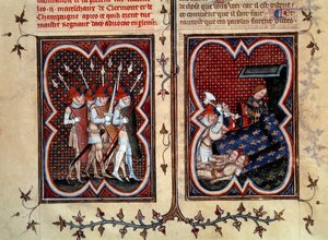 Marechauxen Robert de Clermont och Jean de Conflans mördades av Etienne Marcel (1315-1358) och hans män i delfinen Charles (blivande Karl Vs) rum i Palais de la cite den 22 februari av Jean Fouquet