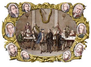 Paris - Caféet "" Procope"" på 1700-talet från höger till vänster, i medaljongerna, Georges Louis Leclerc, Comte de Buffon, Nicolas Joseph Florent Gilbert, Denis Diderot, Jean le Rond d