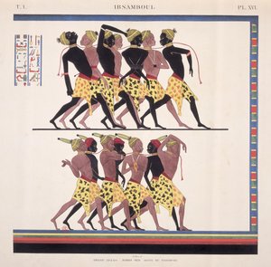 Tolkning av freskerna på Ibsambul som föreställer nubiska slavar, från "Monuments de l"Egypte et de la Nubie" av konstnären, ca 1835