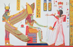 Ramses IV (1153-1147 f.Kr.) som erbjuder rökelse till Isis och Amon-Re, sittande på en tron, kopia av en väggmålning från hans grav i Konungarnas dal, skylt 260 från Monuments dEgypte av Jean-Francois