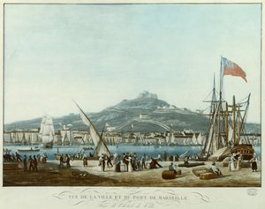 Utsikt över staden och hamnen i Marseille från stadshuset, ca 1815-30 (akvatint)