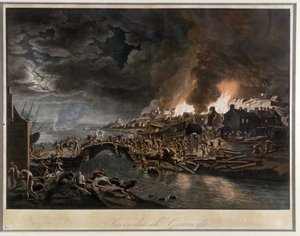 Granville i lågor belägrad av vendéanerna, baserad på målning av J. François Hue, ca. 1800. av Jean Francois Hue