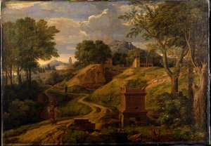 Klassiskt landskap med en kvinna som bär ett barn, ca 1650-75 (olja på duk)