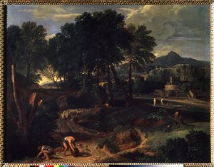 ""Landskap med en fårflock på vägen"" (Landskap med en fårflock på väg) Målning av Jean Francois Millet The Elder (1642-1679) 1600-tals Pushkin-museet, Moskva