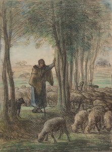 En herdinna och hennes flock i skuggan av träd, 1854-55 (conté krita och pastell på lagt papper) av Jean Francois Millet
