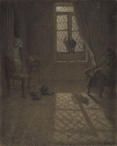 Le chat eller The Cat at the Window, 1857-58 (conté krita och pastell med stumpning och blandning, fixerad på vävt papper) av Jean Francois Millet