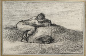 Man hukar på en kulle, 1848 - 1850 (svart krita på benvitt papper, nedlagd på ljusblått papper kantat med tre guldlinjer) av Jean Francois Millet