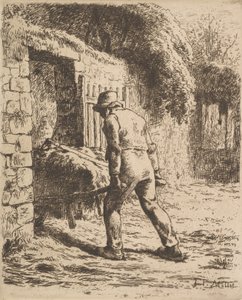 Bonde som knuffar en skottkärra, 1855 av Jean Francois Millet