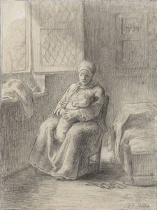 Sittande kvinna med en baby vid ett fönster, ca 1824-75 (krita på papper) av Jean Francois Millet