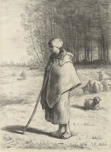 Herdinna, 1860-69 (krita på papper) av Jean Francois Millet