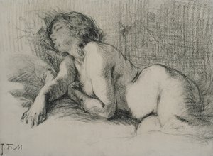 Studie av en liggande kvinnlig naken (kol på papper)