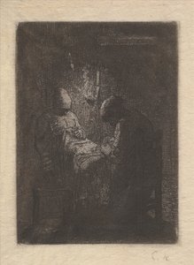 Två kvinnor som syr av Lamplight, ca. 1853. av Jean Francois Millet