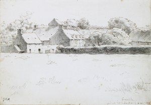 View of Farm Buildings across a Field, 1871 (grafit med svart krita, penna och bläck och krita på papper) av Jean Francois Millet