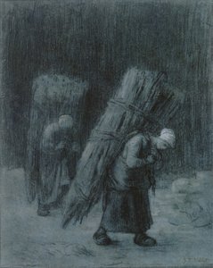Kvinnor som bär kvistar, ca 1858 (kol förhöjt med vit gouache, träkolskant, på tungt lagt gråblått papper) av Jean Francois Millet