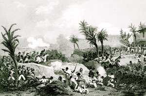 Svart revolt i Santo Domingo, 16 september 1802, från "Histoire Universelle du XIXe siecle", efter Martinet av Jean Francois Pourvoyeur