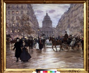 ""Boulevard Saint Michel"" Utsikt över rue Soufflot och Pantheon från Luxembourgträdgården och boulevard Saint-Michel i Paris, taxibilar och eleganta par livar upp gatan när natten faller. Målning av Jean Francois Raffaelli (18 av Jean Francois Raffaelli