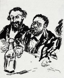 Målaren Edouard Manet (1832-1883) och författaren Emile Zola (1840-1902) vid bordet Karikatyr av Jean Francois Raffaelli (1850-1924) av Jean Francois Raffaelli