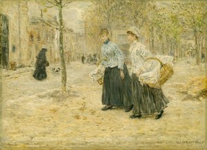 Två tvättkvinnor korsar en liten park i Paris