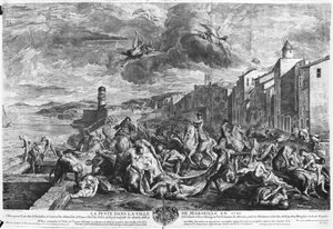 Pesten 1720 i Marseille, graverad av Simon Thomassin (1655-1733) 1727 (gravyr) (s/v foto) av Jean Francois de (after) Troy