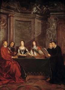 Samvetsrådet: Saint Vincent de Paul, chef för samvetsrådet som läser inför kardinal Jules Mazarin (Giulio Raimondo Mazzarino eller Mazarino) (1602-1661), Pierre Seguier (1588-1672), drottning Anne av Österrike (1601-1666) ) och Ludvig XIV (1638 av Jean François de Troy